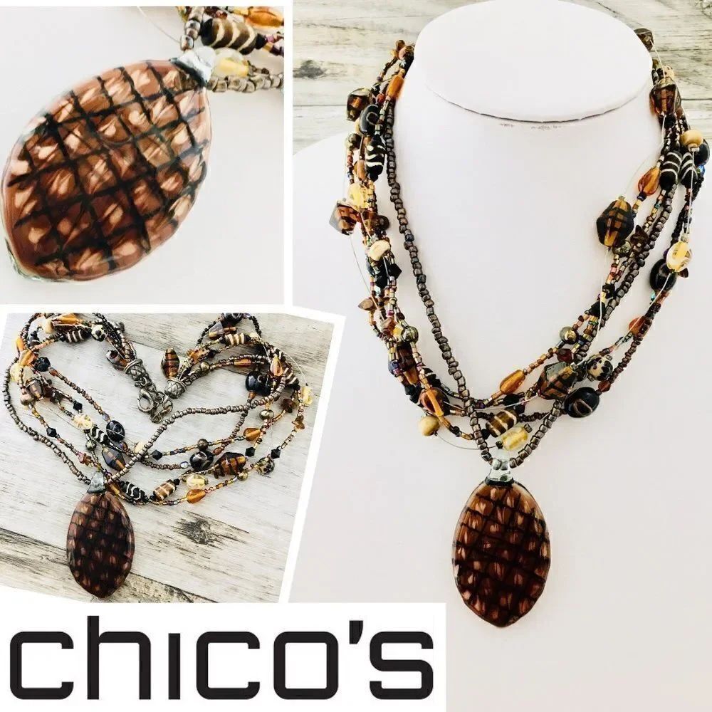 Chico’s Multi Strand Art Glass Pineapple Beads Necklace 4457